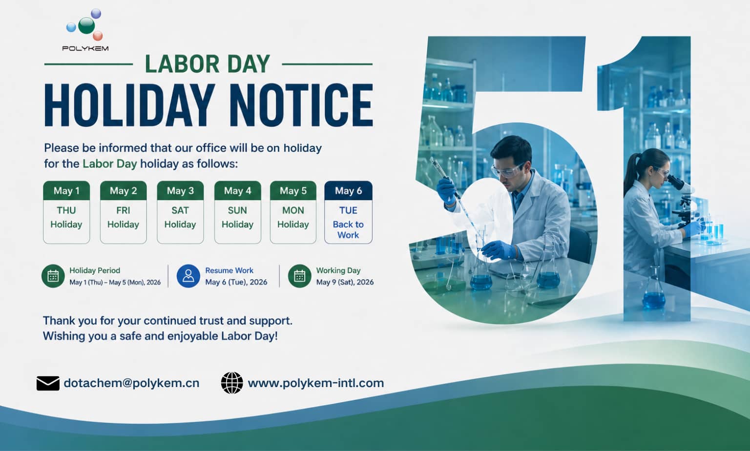 Polykem Labor Day Vakantieregeling en herinnering voor orderplanning